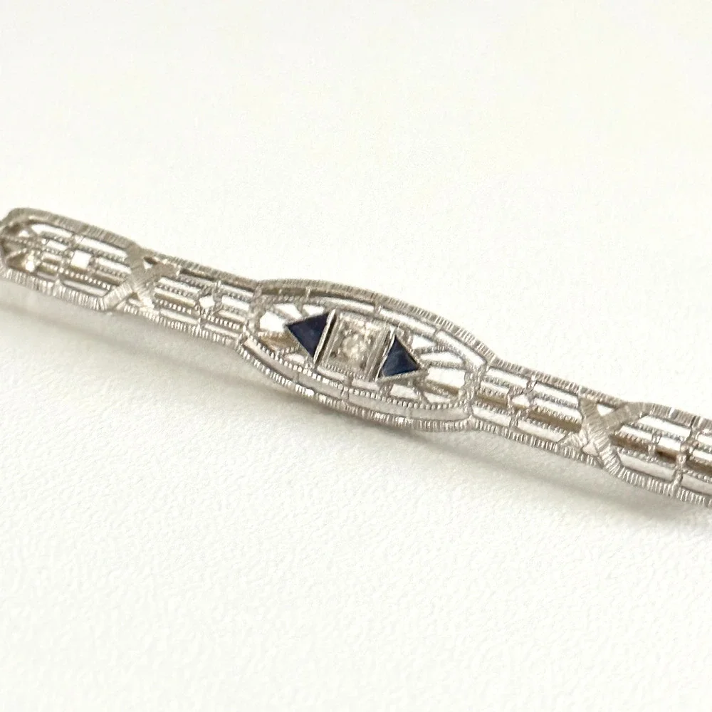 Antique 14K Solid White Gold Sapphire & Diamond Intricate Detail Bar Brooch Pin